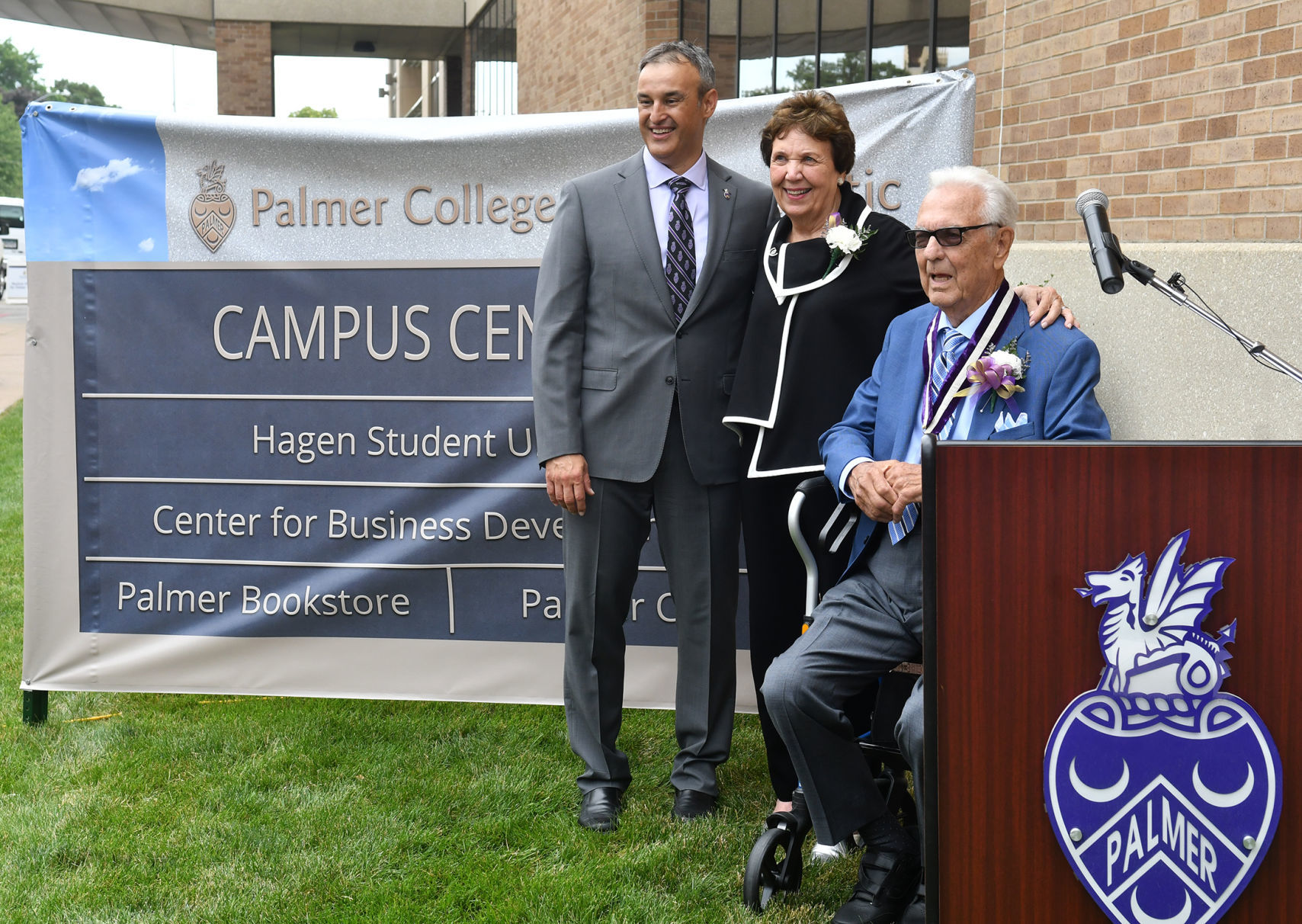 Dedication ceremony naming Palmer College student union the Bruce and Bethel Hagen Student Union.